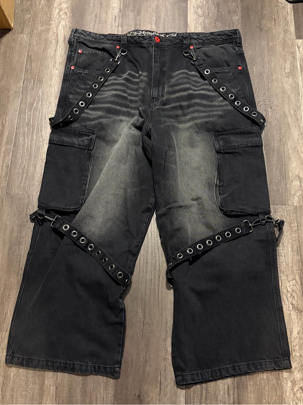 Vitriol Wide Leg Strapped Cargo Jeans Black Washed (tagged 44)